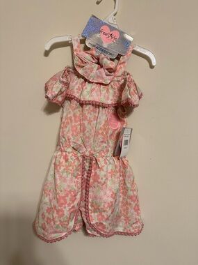 Freestyle Revolution Girls Pink Multi Floral Cold-Shoulder Romper w/ hair holder